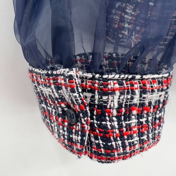ZARA Tweed Plaid Top with Navy Sheer Chiffon Sleeves Size L - Picture 5 of 10